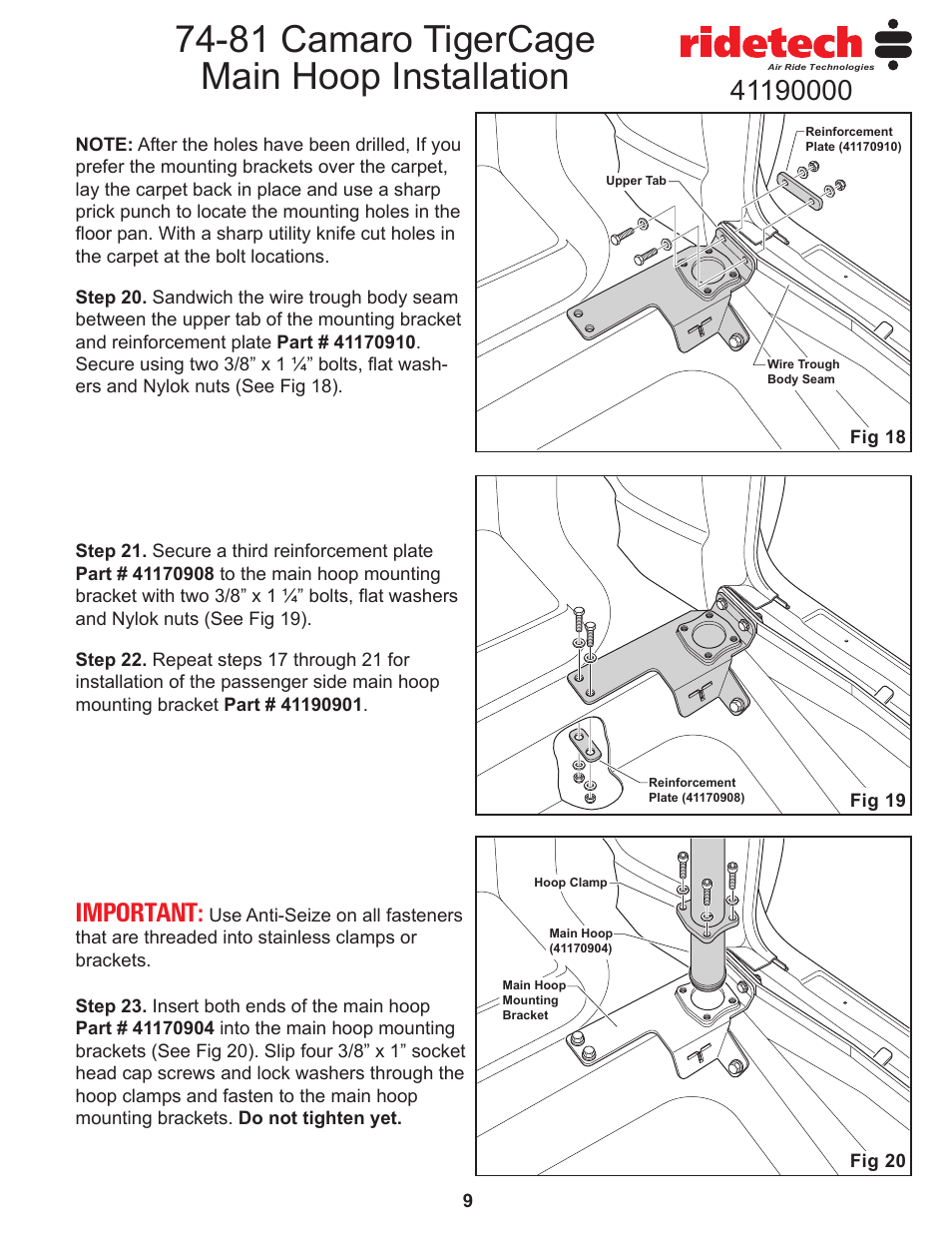 81 camaro tigercage main hoop installation, Important | Ridetech 41190000 User Manual | Page 11 / 15
