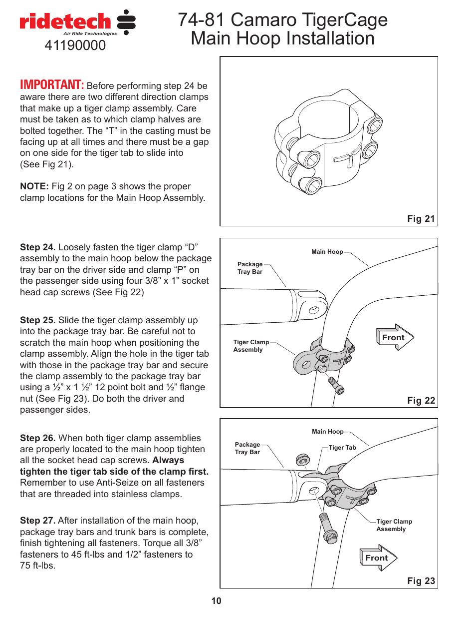 81 camaro tigercage main hoop installation, Important | Ridetech 41190000 User Manual | Page 12 / 15