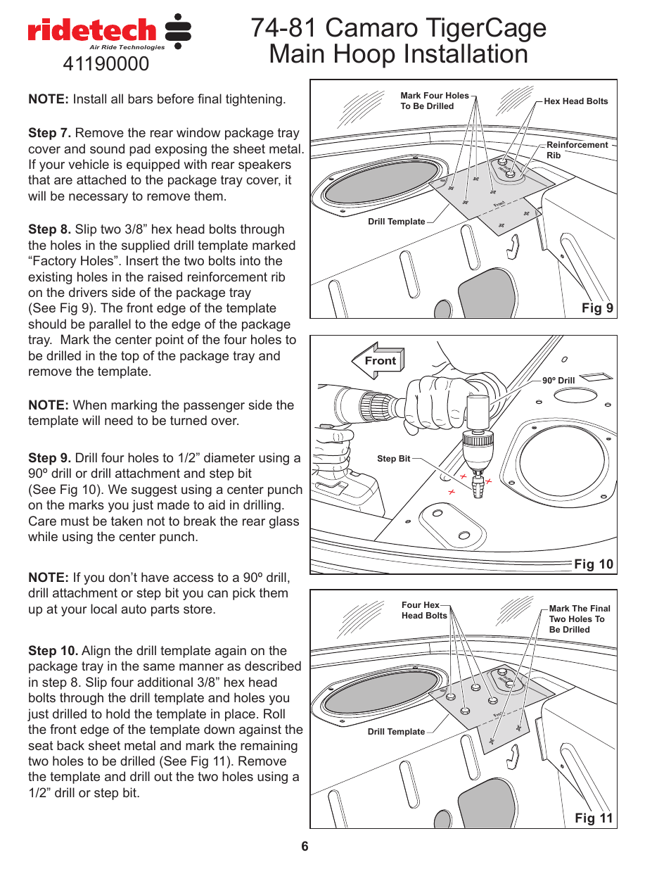81 camaro tigercage main hoop installation | Ridetech 41190000 User Manual | Page 8 / 15