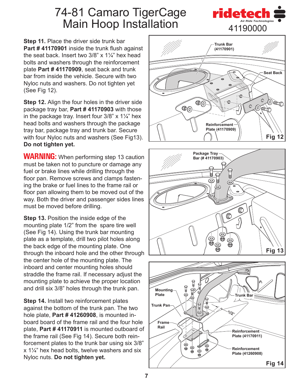 81 camaro tigercage main hoop installation, Warning | Ridetech 41190000 User Manual | Page 9 / 15