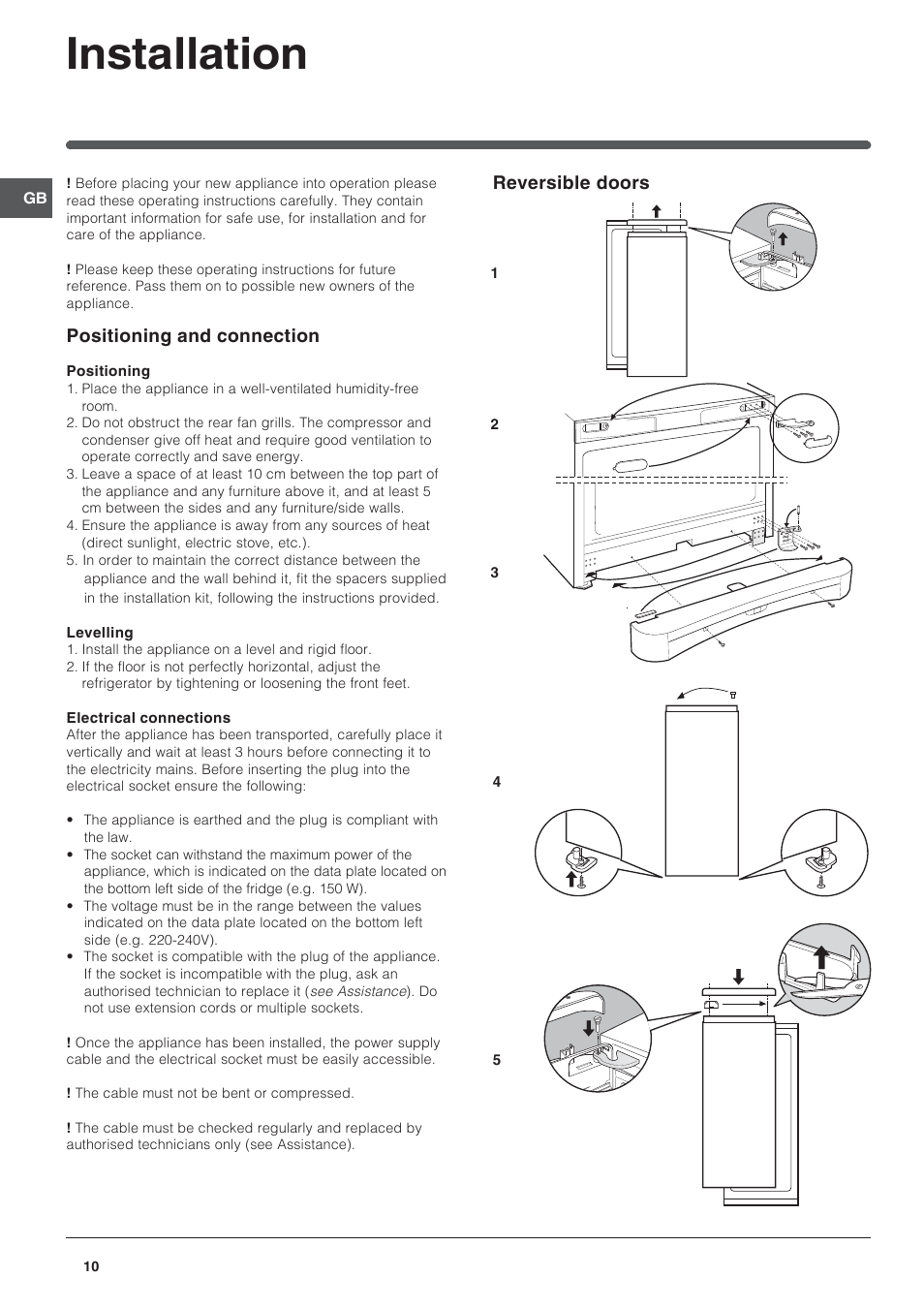 Installation, Reversible doors, Positioning and connection | Indesit UFAAN 400 NF User Manual | Page 10 / 56