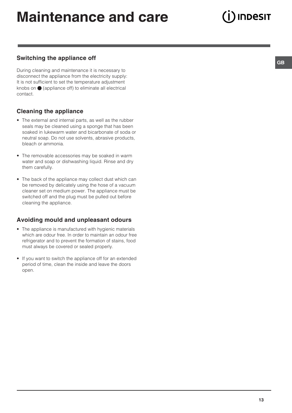 Maintenance and care | Indesit UFAAN 400 NF User Manual | Page 13 / 56