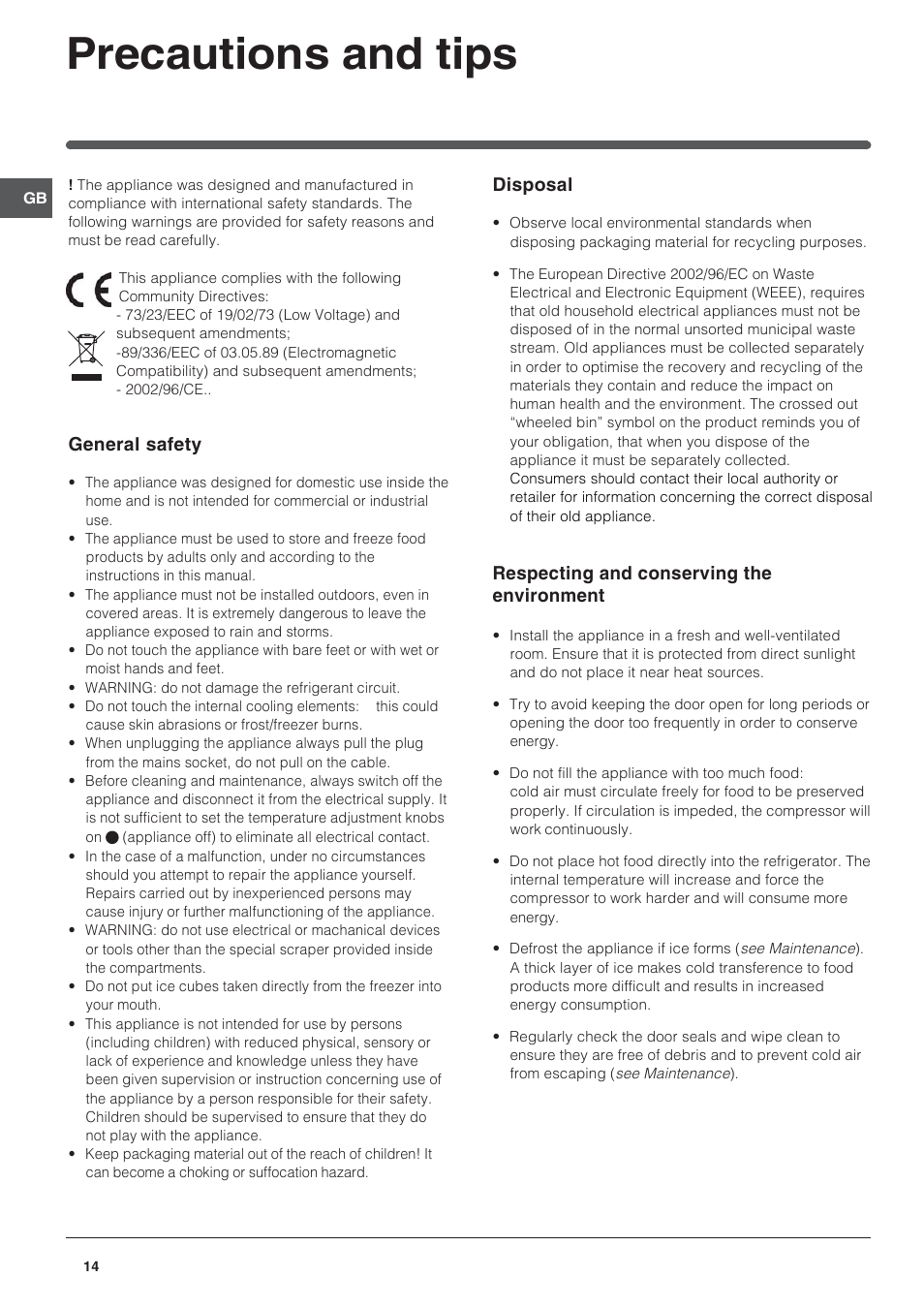 Precautions and tips | Indesit UFAAN 400 NF User Manual | Page 14 / 56