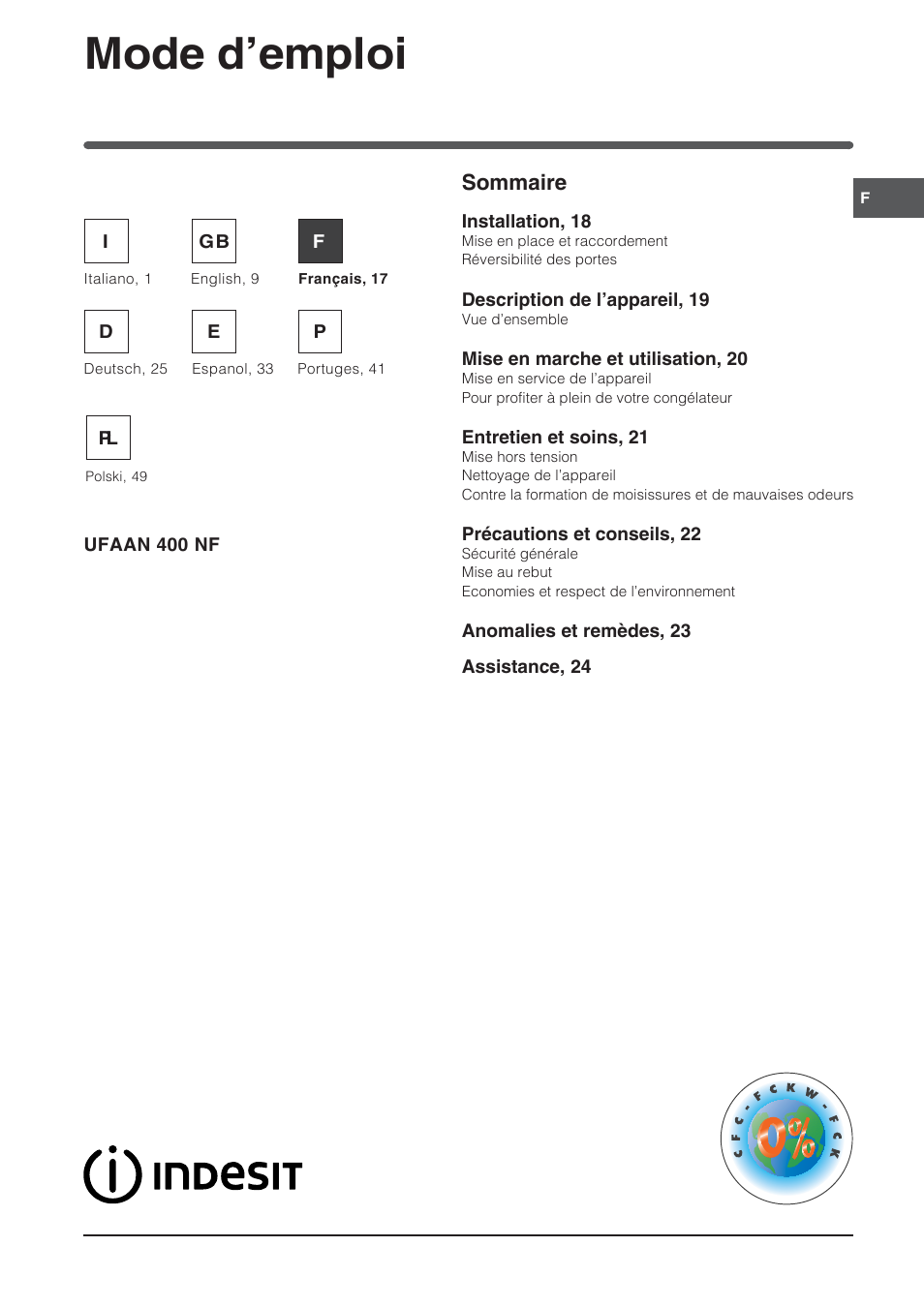 83919fr, Mode d’emploi, Congelateur | Sommaire | Indesit UFAAN 400 NF User Manual | Page 17 / 56