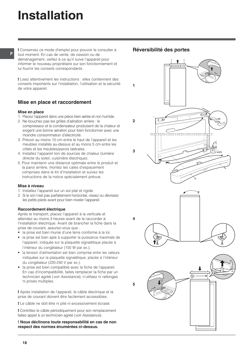 Installation, Mise en place et raccordement, Réversibilité des portes | Indesit UFAAN 400 NF User Manual | Page 18 / 56