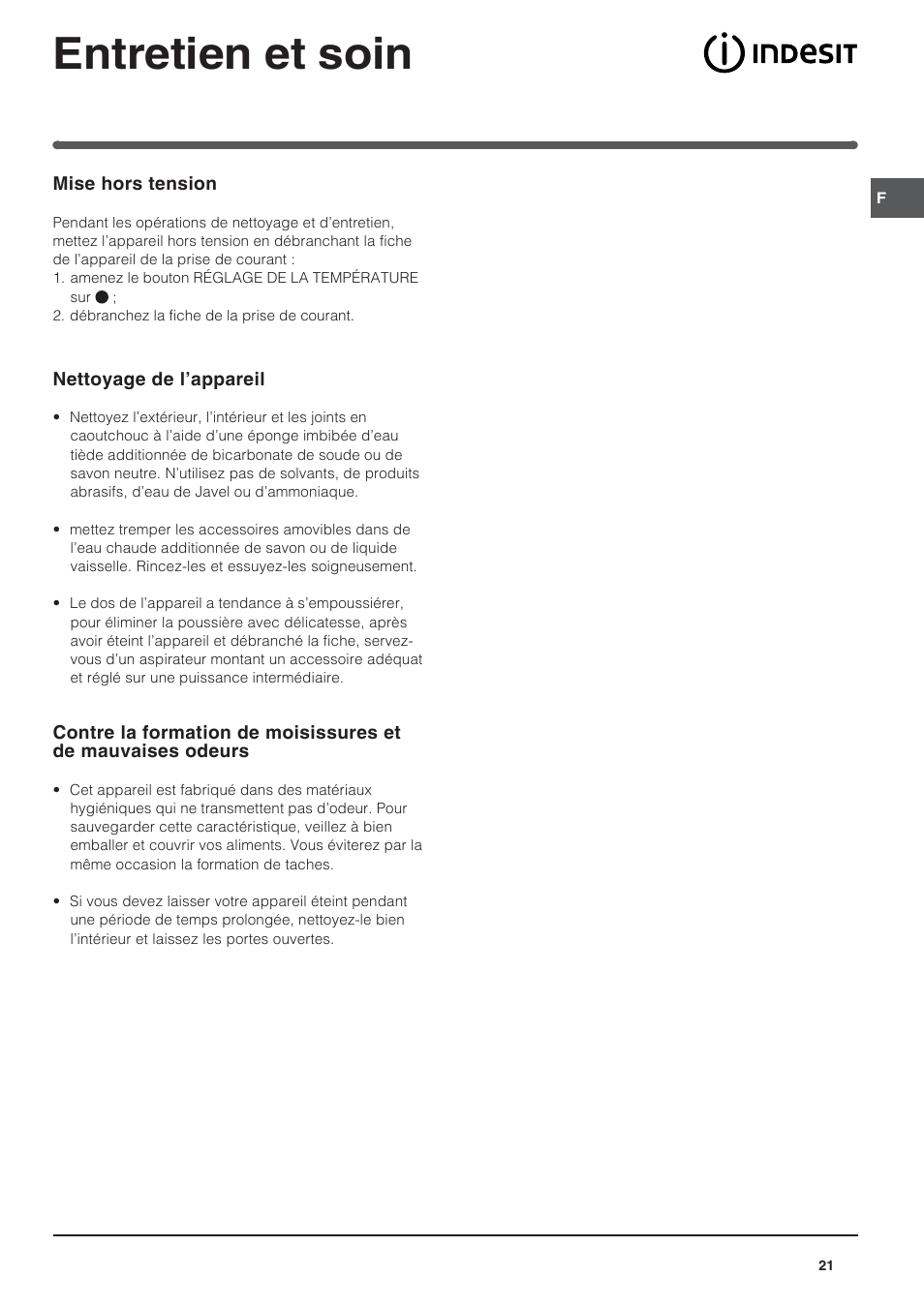 Entretien et soin | Indesit UFAAN 400 NF User Manual | Page 21 / 56