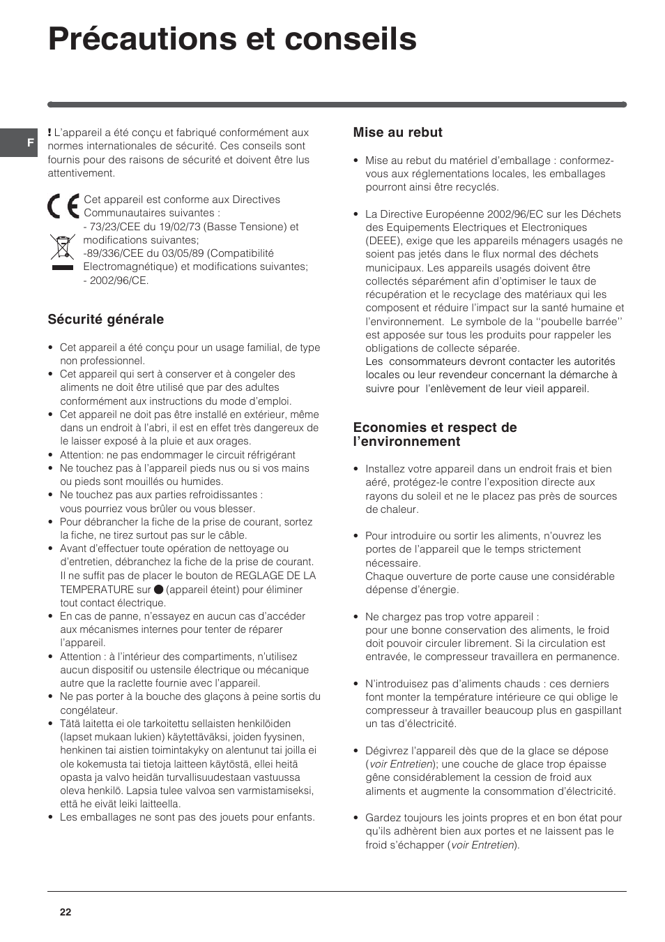 Précautions et conseils | Indesit UFAAN 400 NF User Manual | Page 22 / 56