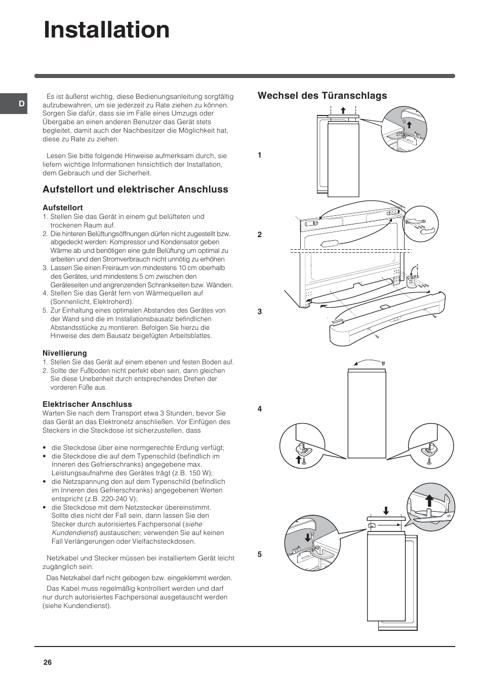 Installation, Aufstellort und elektrischer anschluss, Wechsel des türanschlags | Indesit UFAAN 400 NF User Manual | Page 26 / 56