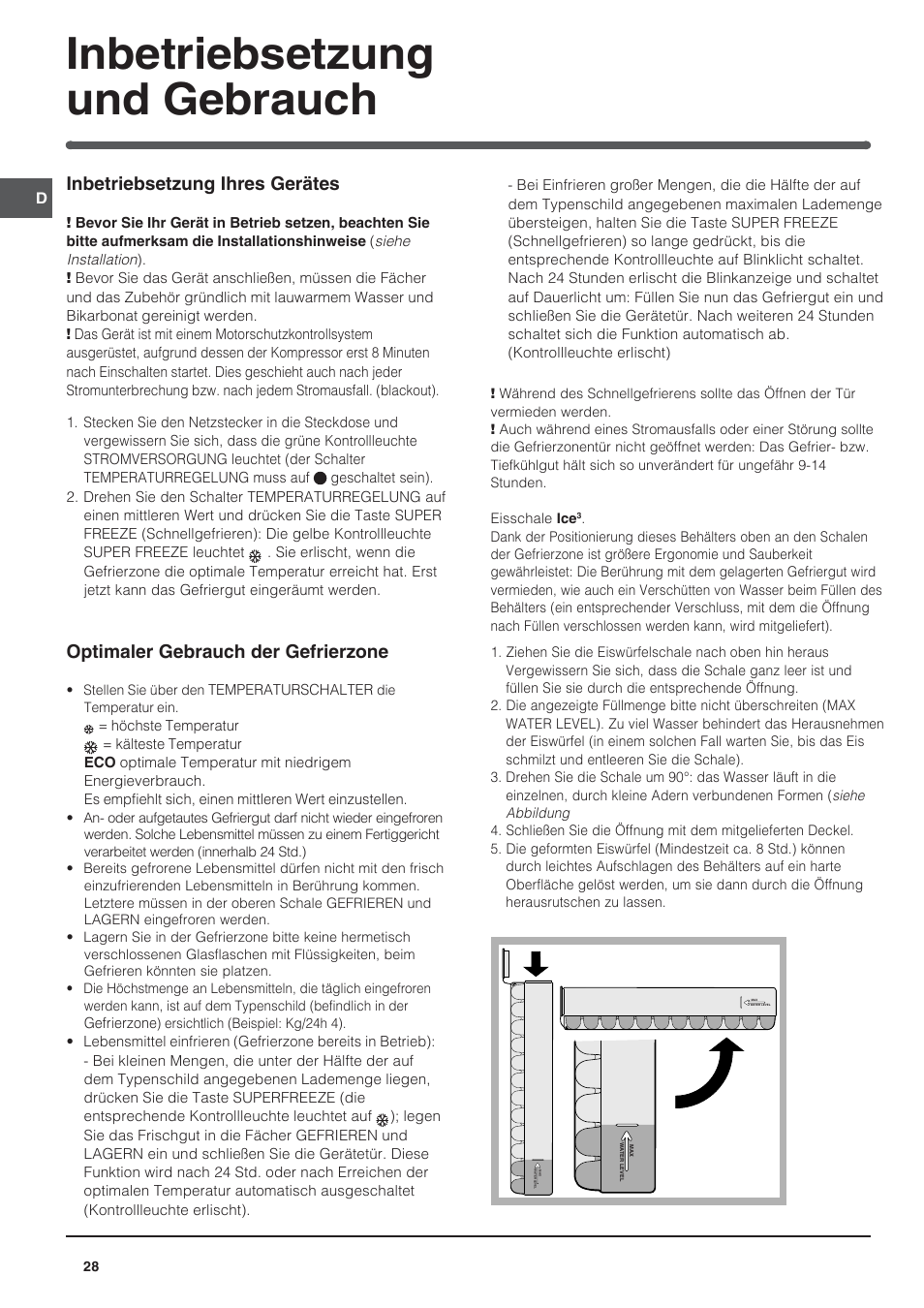 Inbetriebsetzung und gebrauch, Inbetriebsetzung ihres gerätes, Optimaler gebrauch der gefrierzone | Indesit UFAAN 400 NF User Manual | Page 28 / 56