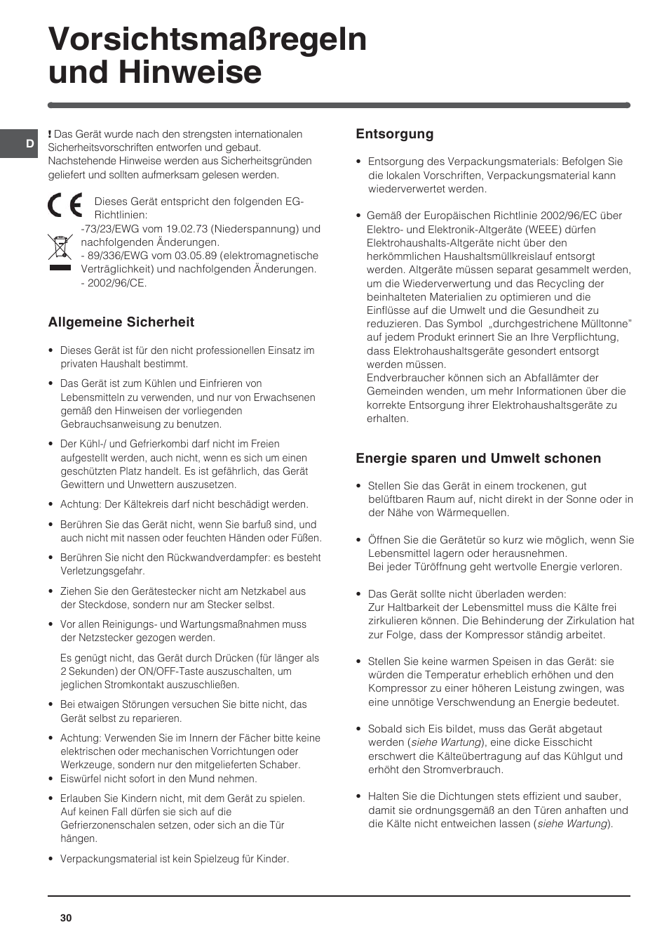 Vorsichtsmaßregeln und hinweise | Indesit UFAAN 400 NF User Manual | Page 30 / 56