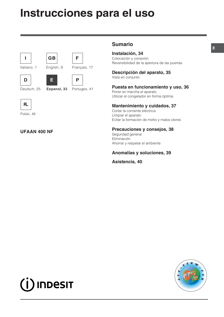 83919es, Instrucciones para el uso, Congelador sumario | Indesit UFAAN 400 NF User Manual | Page 33 / 56