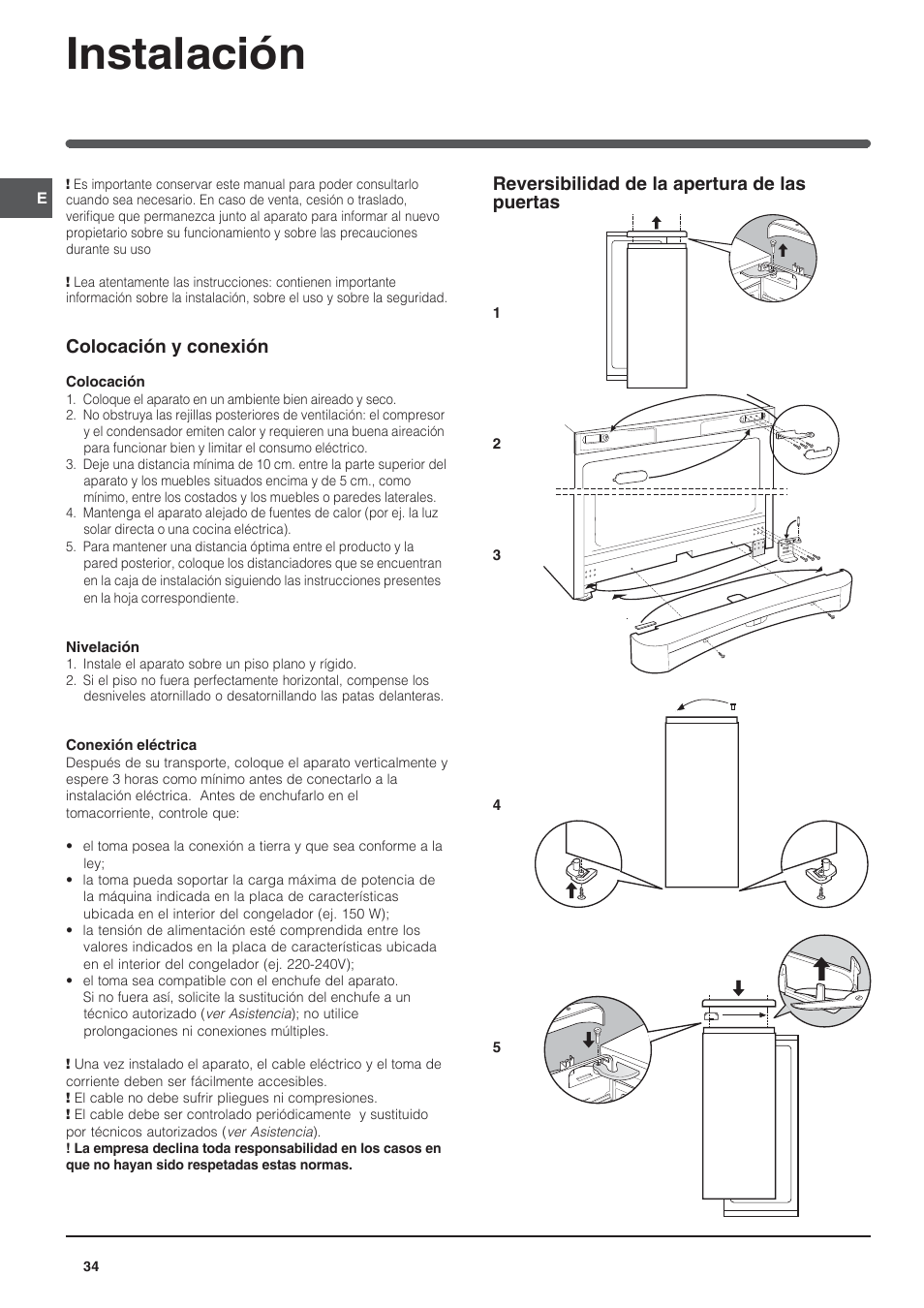 Instalación, Colocación y conexión, Reversibilidad de la apertura de las puertas | Indesit UFAAN 400 NF User Manual | Page 34 / 56