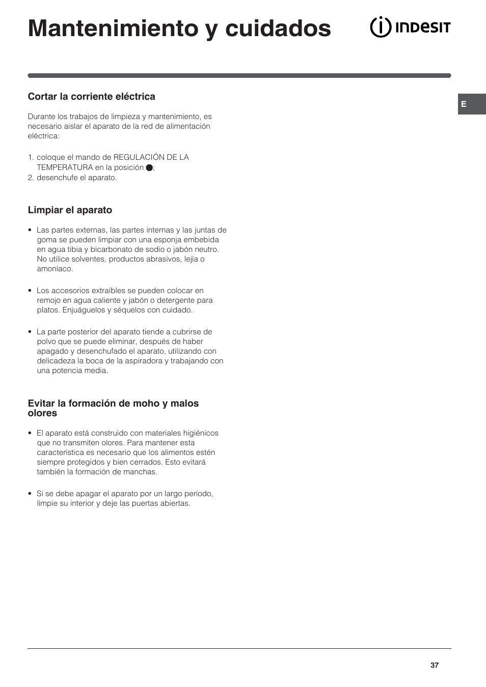 Mantenimiento y cuidados | Indesit UFAAN 400 NF User Manual | Page 37 / 56