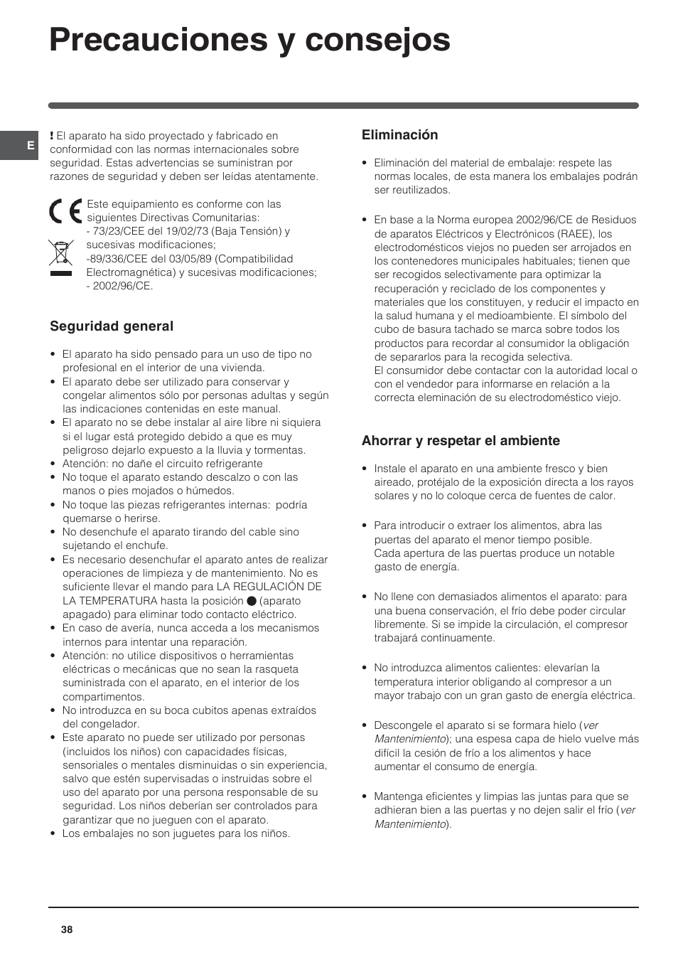 Precauciones y consejos | Indesit UFAAN 400 NF User Manual | Page 38 / 56