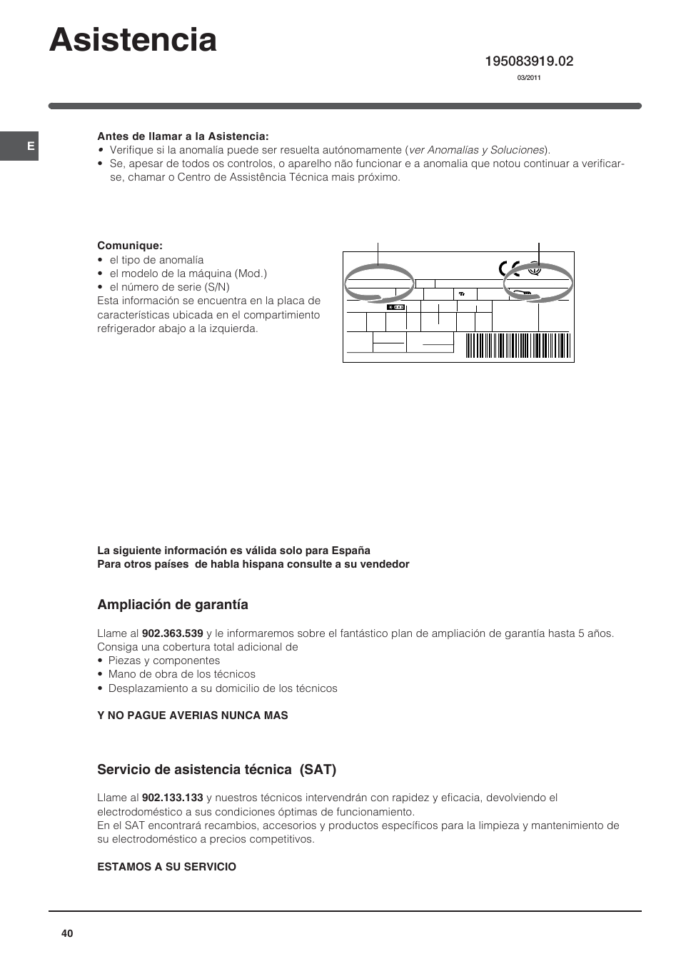 Asistencia, Ampliación de garantía, Servicio de asistencia técnica (sat) | Modelo número de serie | Indesit UFAAN 400 NF User Manual | Page 40 / 56