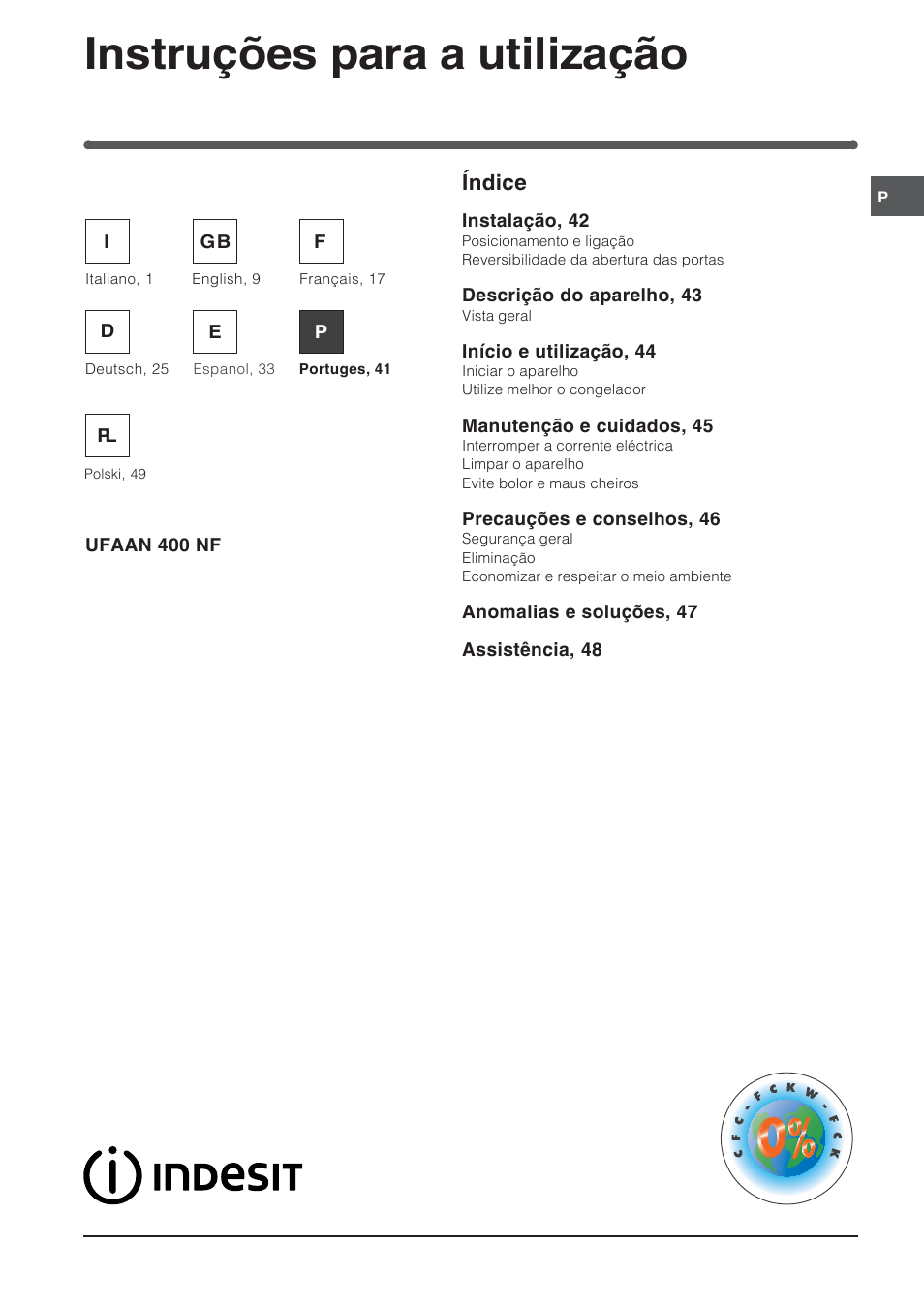 83919pt, Instruções para a utilização, Congelador índice | Indesit UFAAN 400 NF User Manual | Page 41 / 56