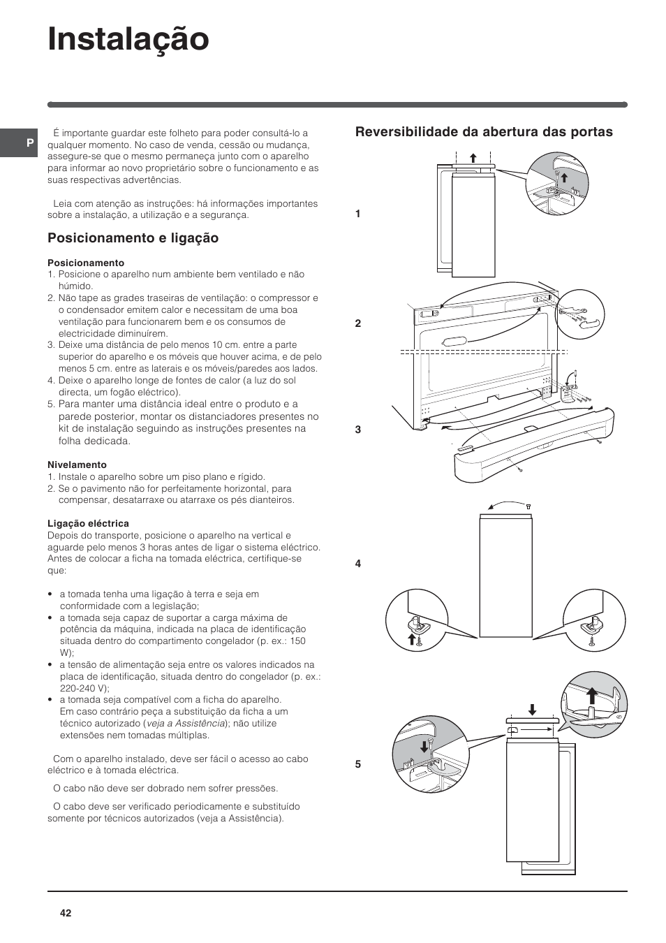 Instalação, Posicionamento e ligação, Reversibilidade da abertura das portas | Indesit UFAAN 400 NF User Manual | Page 42 / 56