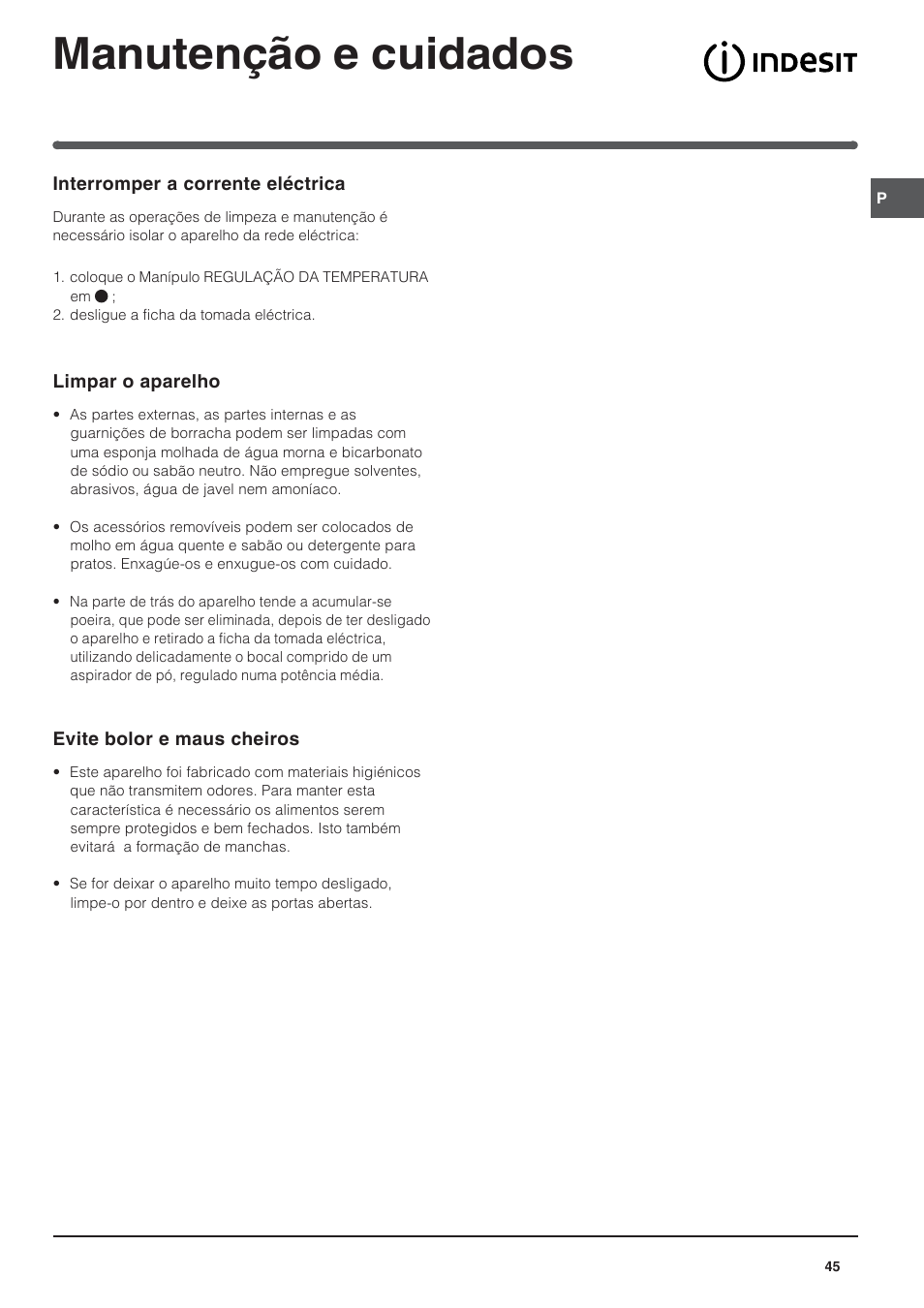 Manutenção e cuidados | Indesit UFAAN 400 NF User Manual | Page 45 / 56