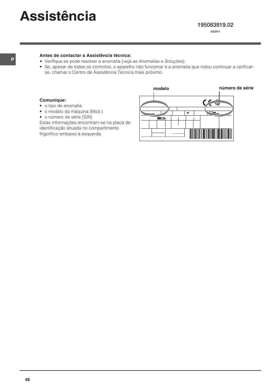 Assistência, Modelo número de série | Indesit UFAAN 400 NF User Manual | Page 48 / 56