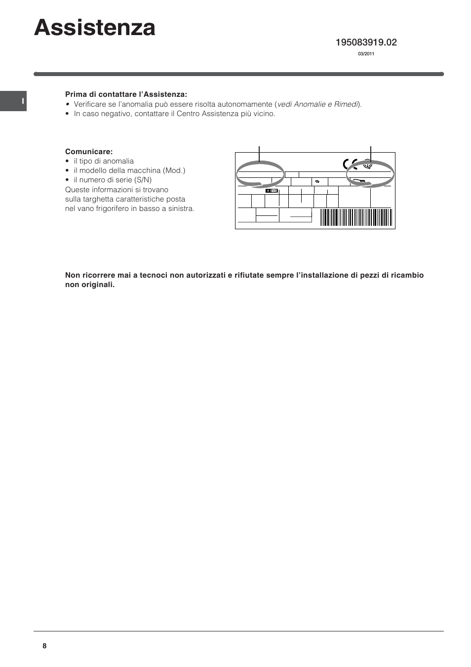 Assistenza, Modello numero di serie | Indesit UFAAN 400 NF User Manual | Page 8 / 56