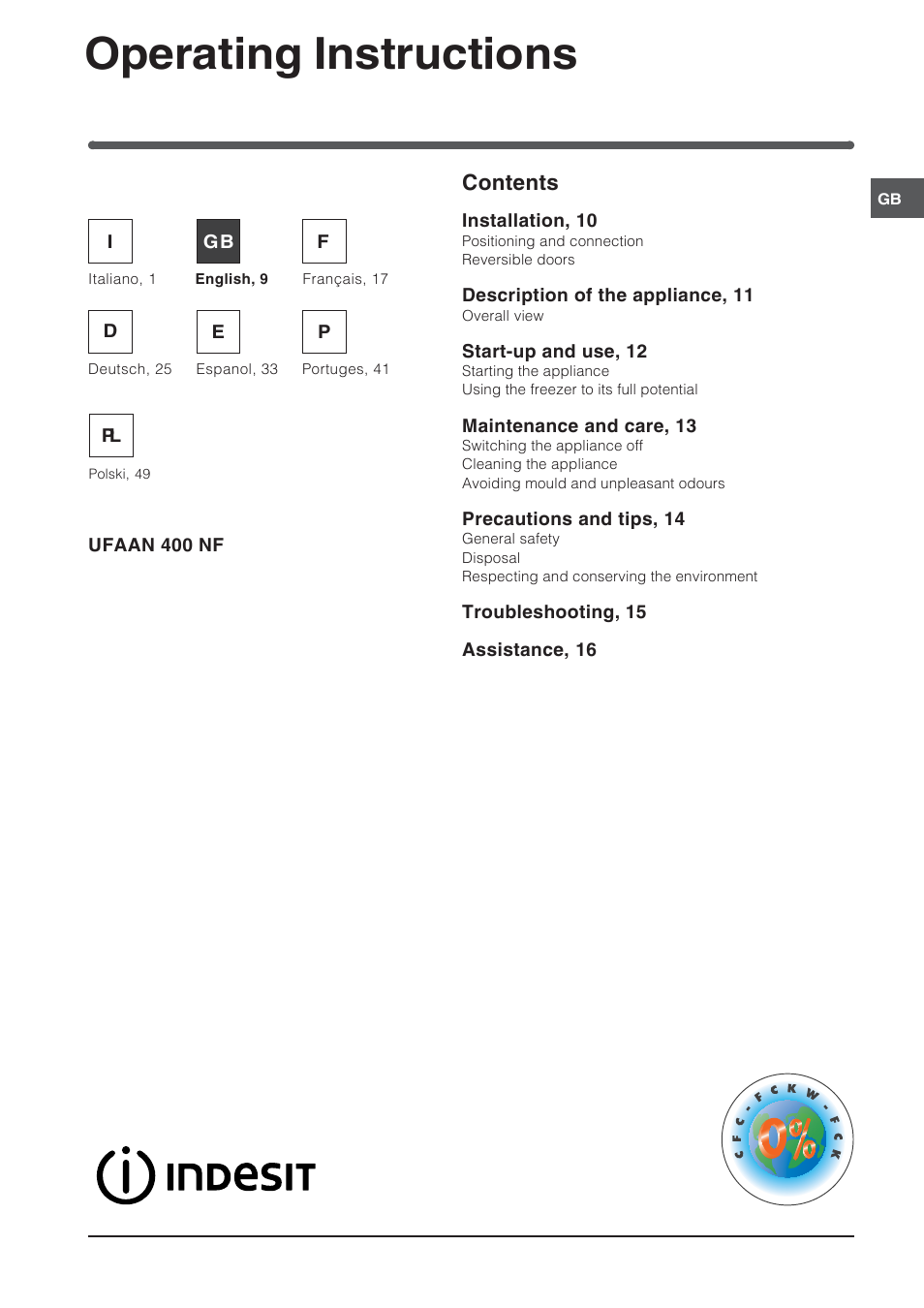 83919gb, Operating instructions, Freezer contents | Indesit UFAAN 400 NF User Manual | Page 9 / 56