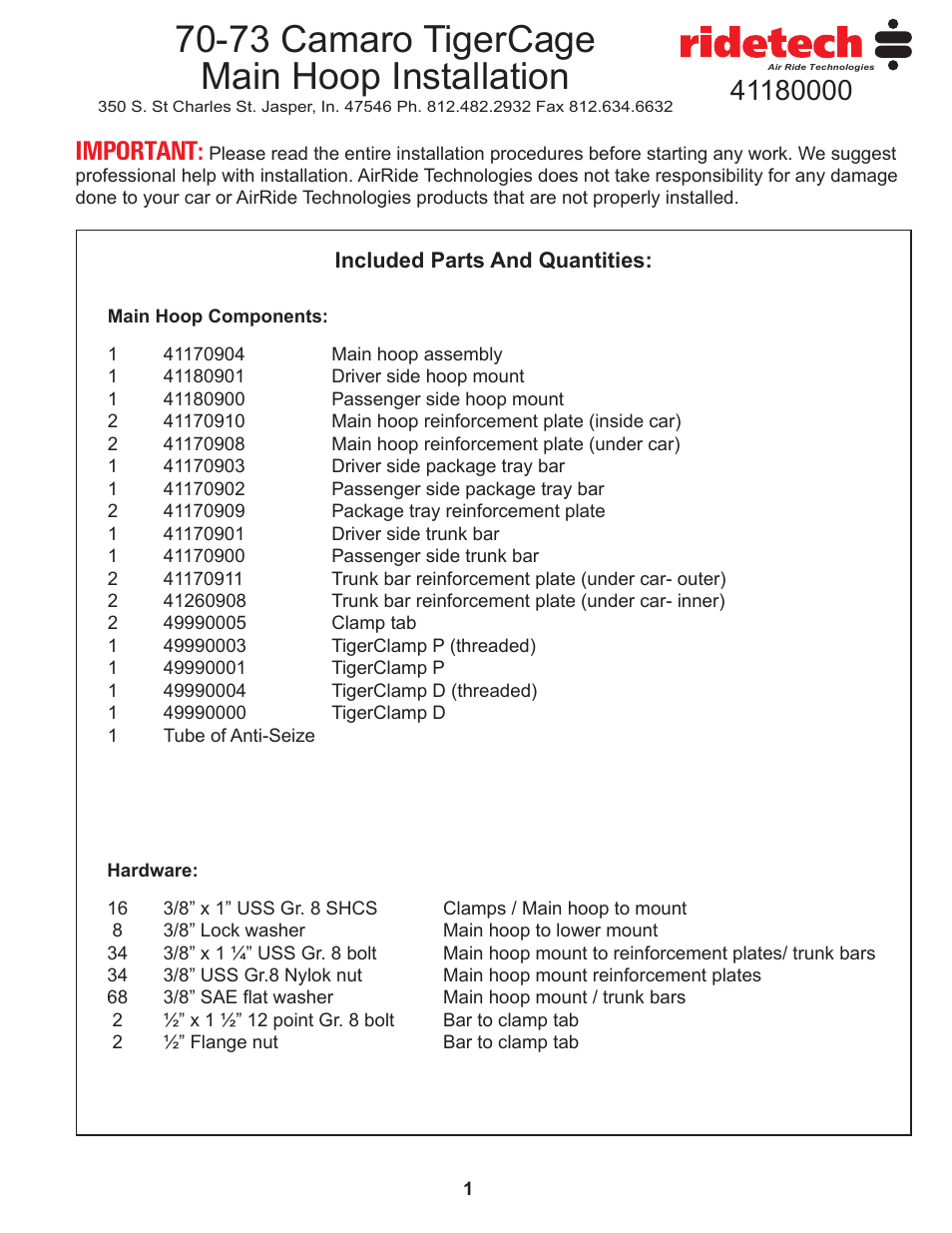 73 camaro tigercage main hoop installation | Ridetech 41180000 User Manual | Page 3 / 15