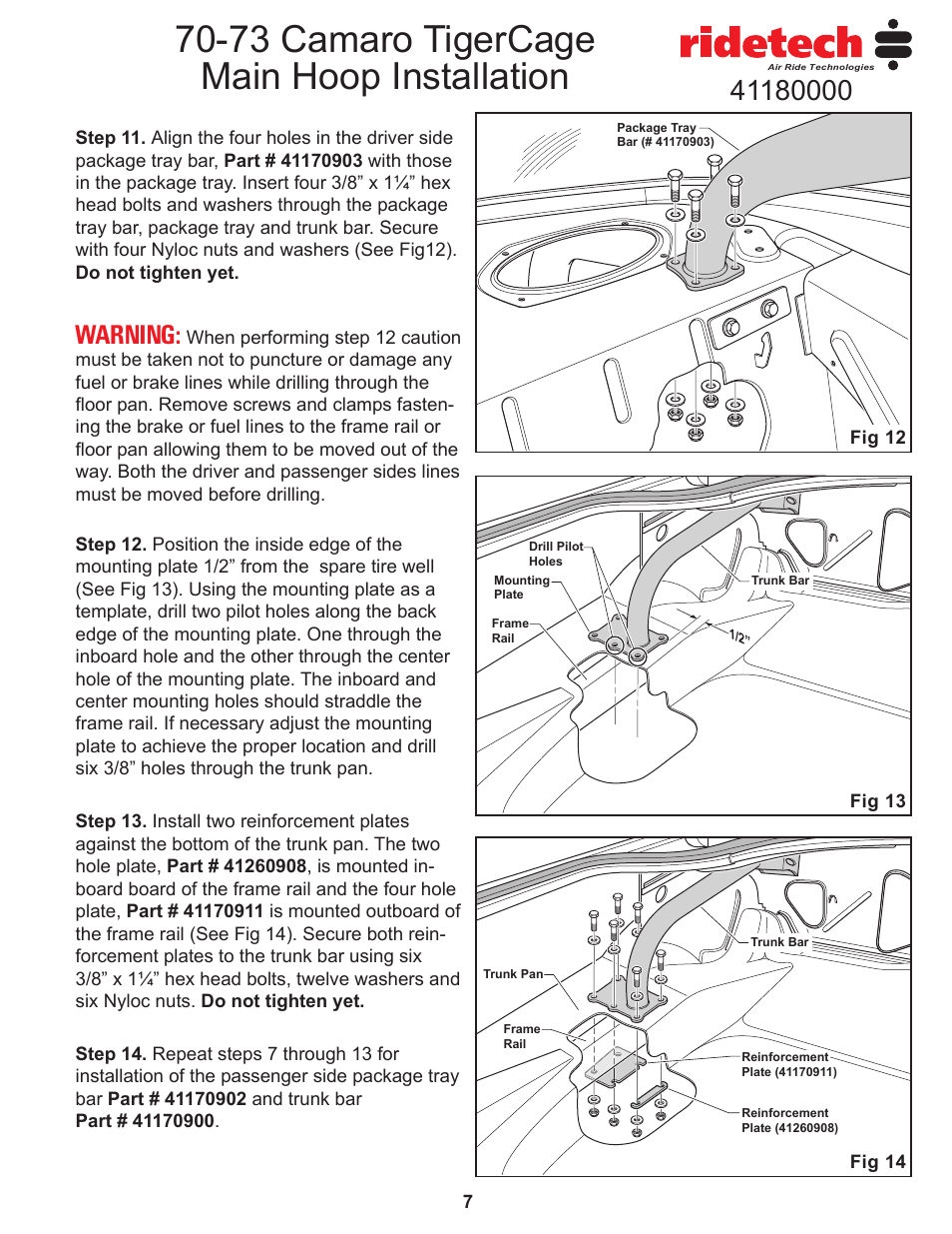 73 camaro tigercage main hoop installation, Warning | Ridetech 41180000 User Manual | Page 9 / 15