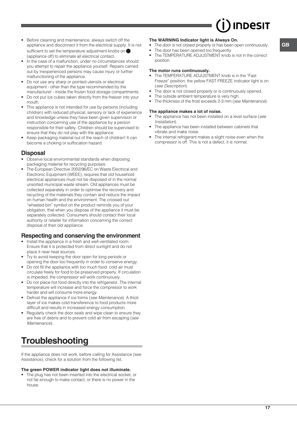 Troubleshooting, Disposal, Respecting and conserving the environment | Indesit UFAAN 300 User Manual | Page 17 / 40