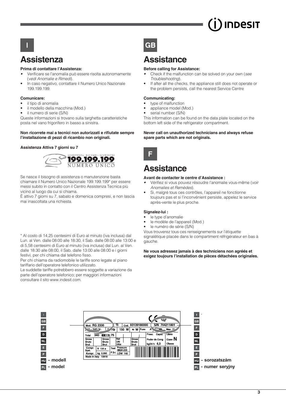 Assistenza, Assistance | Indesit UFAAN 300 User Manual | Page 3 / 40