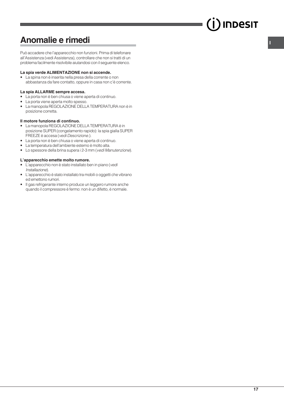 Anomalie e rimedi | Indesit TZAA 1 User Manual | Page 17 / 52