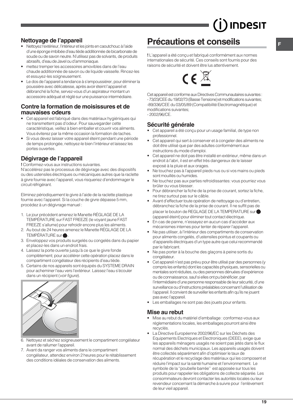 Précautions et conseils, Nettoyage de l’appareil, Dégivrage de l’appareil | Sécurité générale, Mise au rebut | Indesit TZAA 1 User Manual | Page 19 / 52