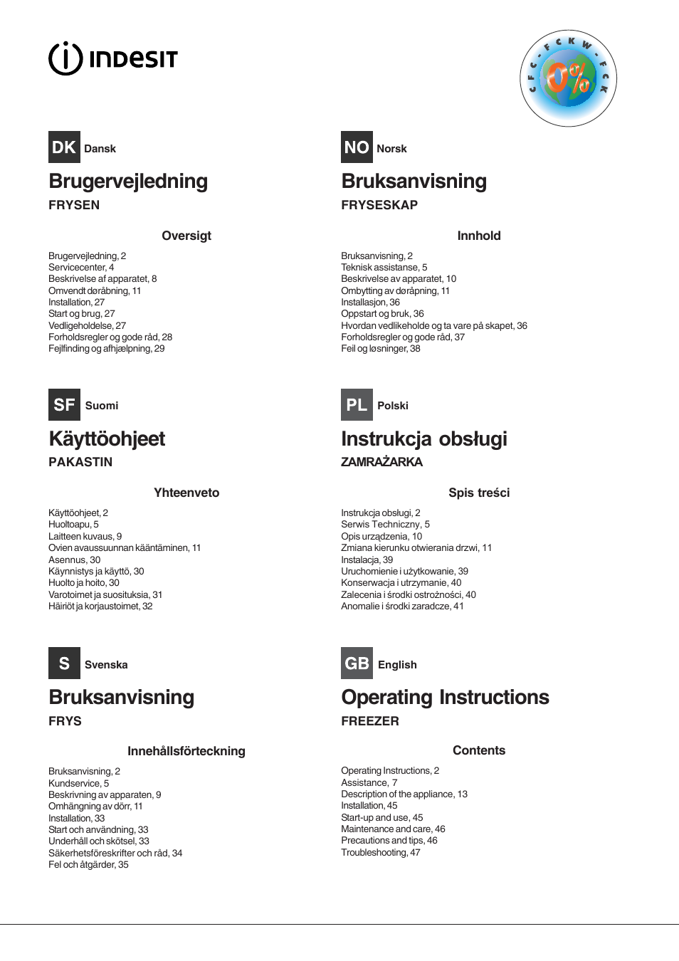 Brugervejledning, Käyttöohjeet, Bruksanvisning | Operating instructions | Indesit TZAA 1 User Manual | Page 2 / 52