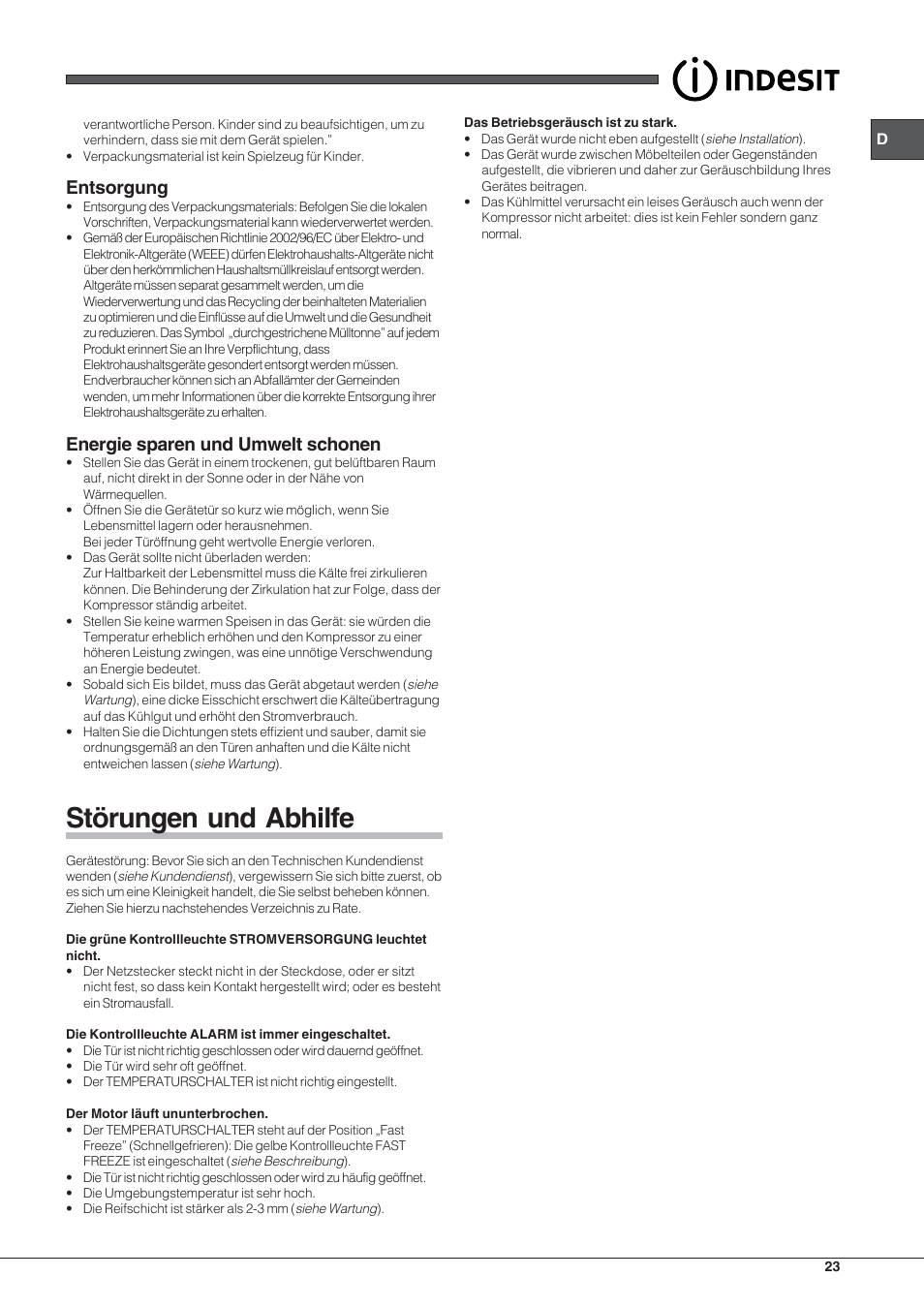 Störungen und abhilfe, Entsorgung, Energie sparen und umwelt schonen | Indesit TZAA 1 User Manual | Page 23 / 52