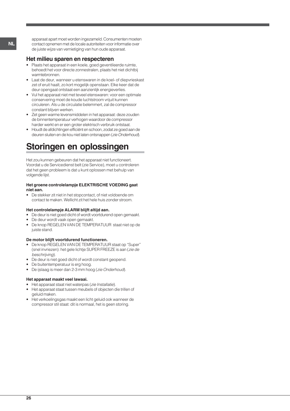 Storingen en oplossingen, Het milieu sparen en respecteren | Indesit TZAA 1 User Manual | Page 26 / 52