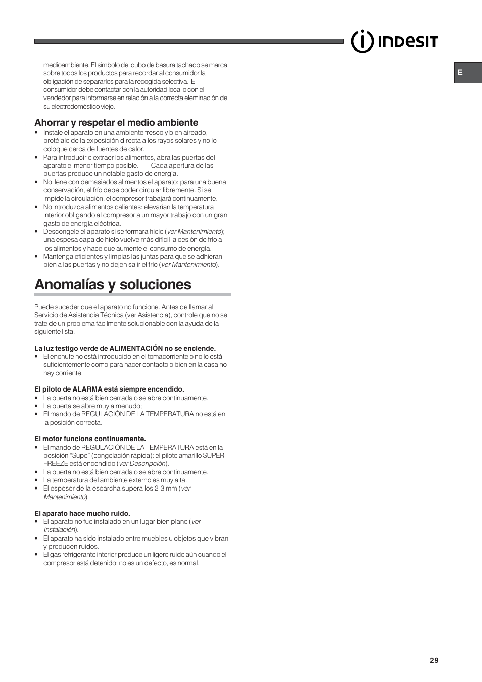 Anomalías y soluciones, Ahorrar y respetar el medio ambiente | Indesit TZAA 1 User Manual | Page 29 / 52