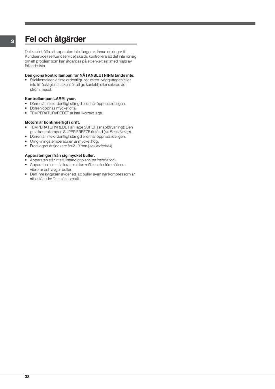 Fel och åtgärder | Indesit TZAA 1 User Manual | Page 38 / 52