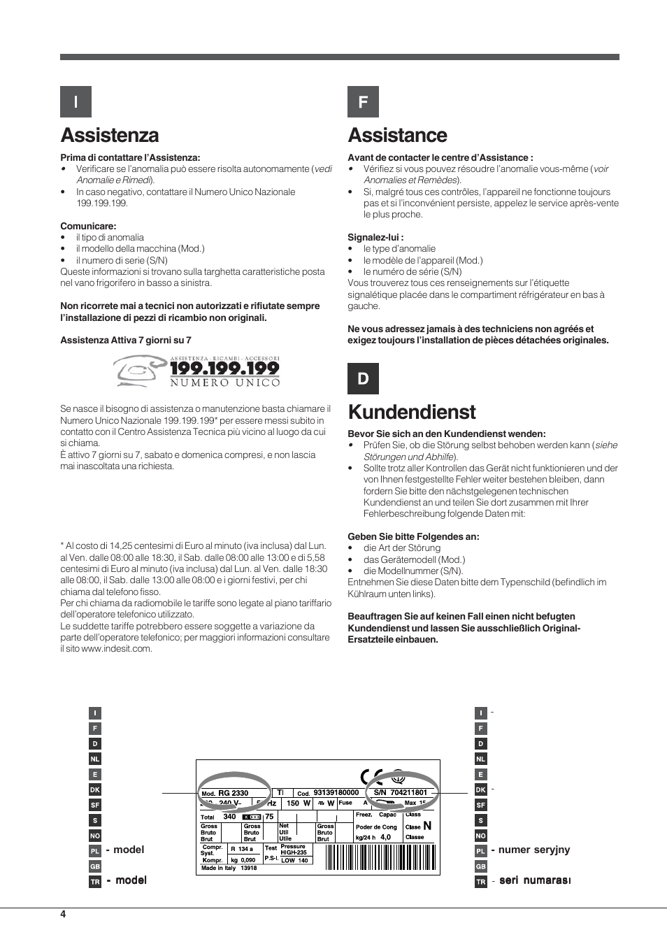 Assistenza, Assistance, Kundendienst | Indesit TZAA 1 User Manual | Page 4 / 52