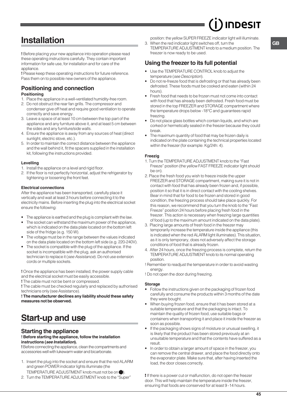 Installation, Start-up and use, Positioning and connection | Starting the appliance, Using the freezer to its full potential | Indesit TZAA 1 User Manual | Page 45 / 52