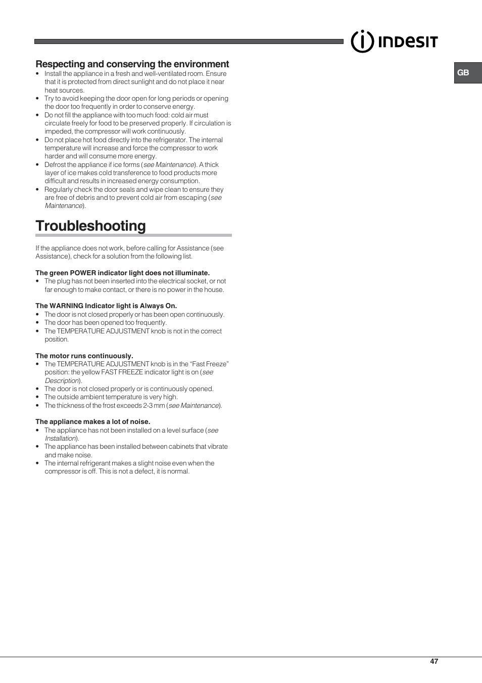 Troubleshooting, Respecting and conserving the environment | Indesit TZAA 1 User Manual | Page 47 / 52