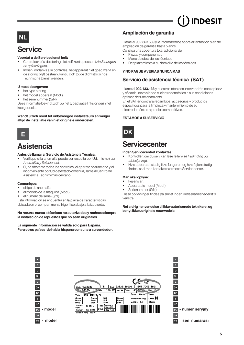 Service, Asistencia, Servicecenter | Ampliación de garantía, Servicio de asistencia técnica (sat) | Indesit TZAA 1 User Manual | Page 5 / 52