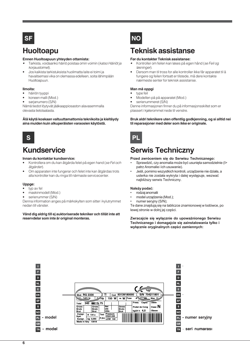 Huoltoapu, Kundservice, Teknisk assistanse | Indesit TZAA 1 User Manual | Page 6 / 52