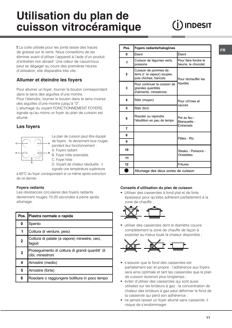 Utilisation du plan de cuisson vitrocéramique, Allumer et éteindre les foyers, Les foyers | Indesit KN3C76A User Manual | Page 11 / 60