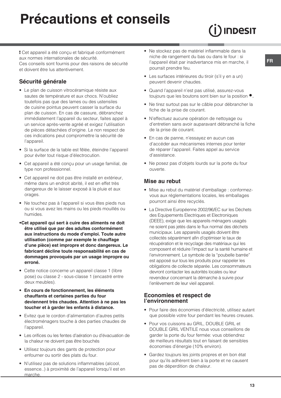 Précautions et conseils | Indesit KN3C76A User Manual | Page 13 / 60