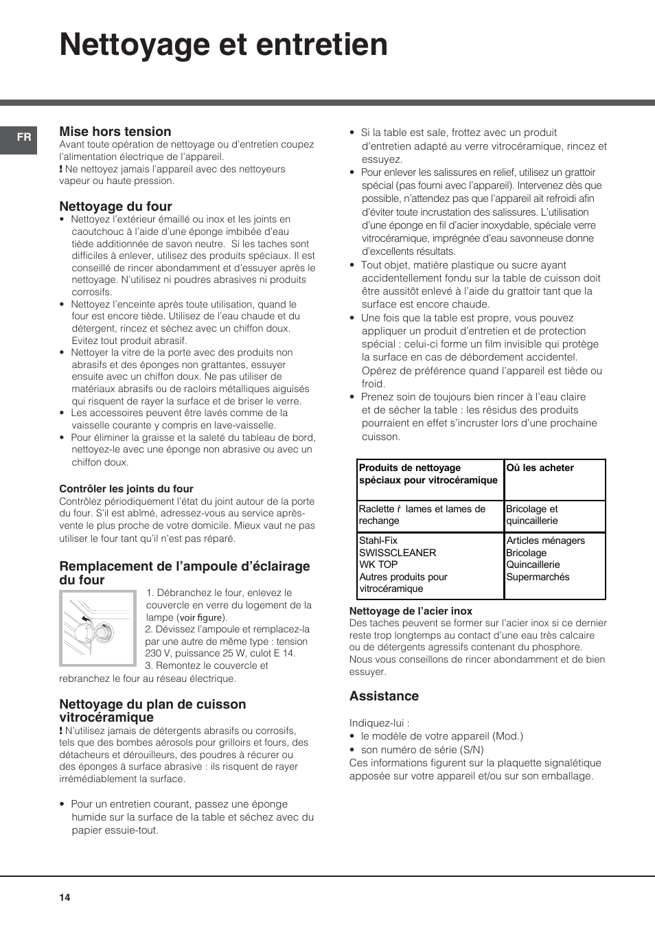 Nettoyage et entretien, Mise hors tension, Nettoyage du four | Remplacement de l’ampoule d’éclairage du four, Nettoyage du plan de cuisson vitrocéramique, Assistance | Indesit KN3C76A User Manual | Page 14 / 60