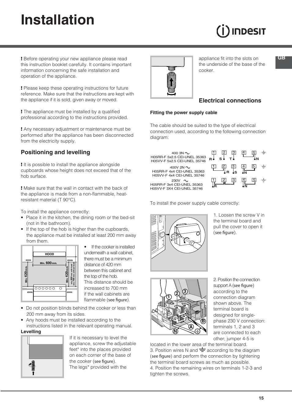 Installation, Positioning and levelling, Electrical connections | Indesit KN3C76A User Manual | Page 15 / 60