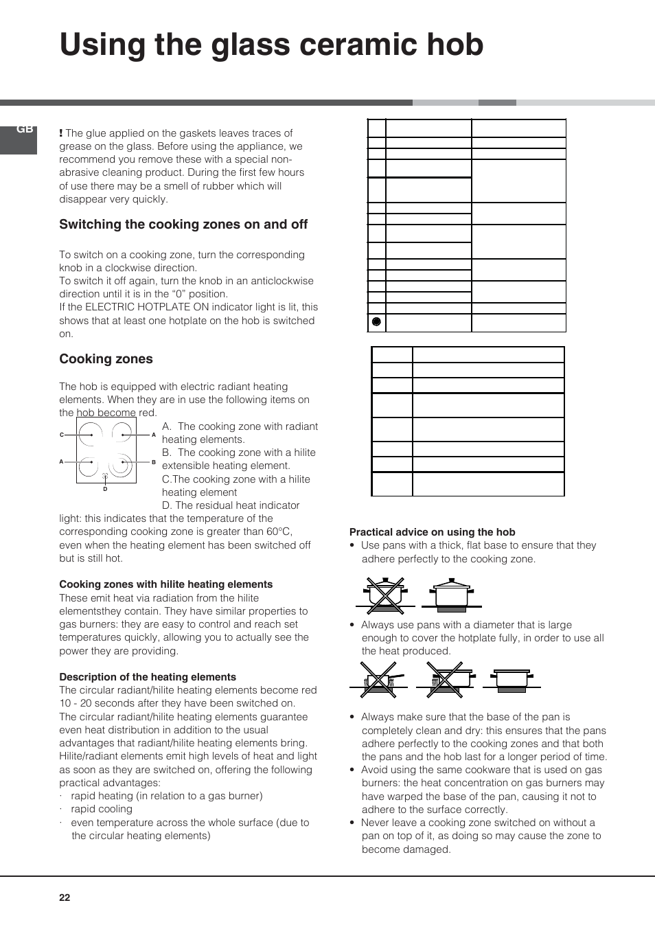 Using the glass ceramic hob, Switching the cooking zones on and off, Cooking zones | Indesit KN3C76A User Manual | Page 22 / 60