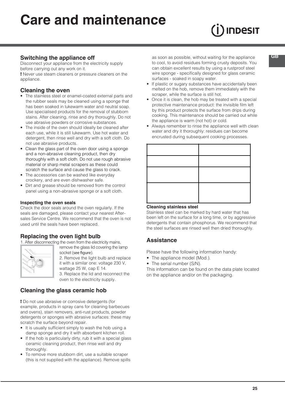 Care and maintenance, Switching the appliance off, Cleaning the oven | Replacing the oven light bulb, Cleaning the glass ceramic hob, Assistance | Indesit KN3C76A User Manual | Page 25 / 60