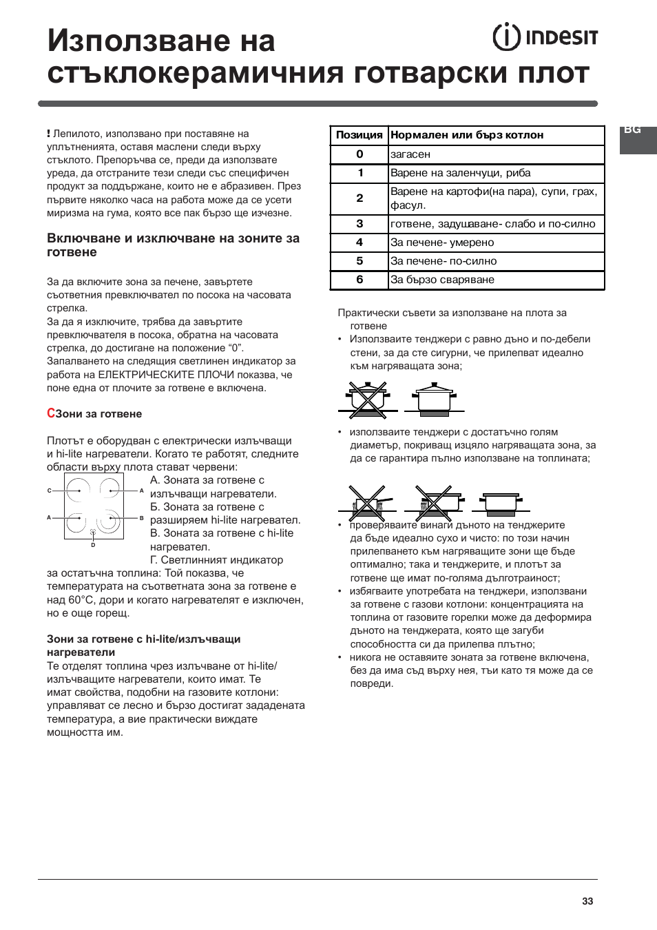 Използване на стъклокерамичния готварски плот | Indesit KN3C76A User Manual | Page 33 / 60