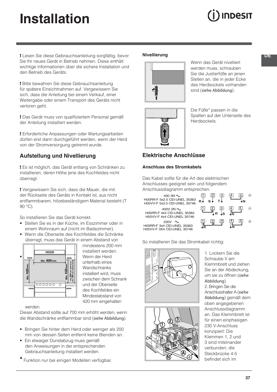 Installation, Aufstellung und nivellierung, Elektrische anschlüsse | Indesit KN3C76A User Manual | Page 37 / 60