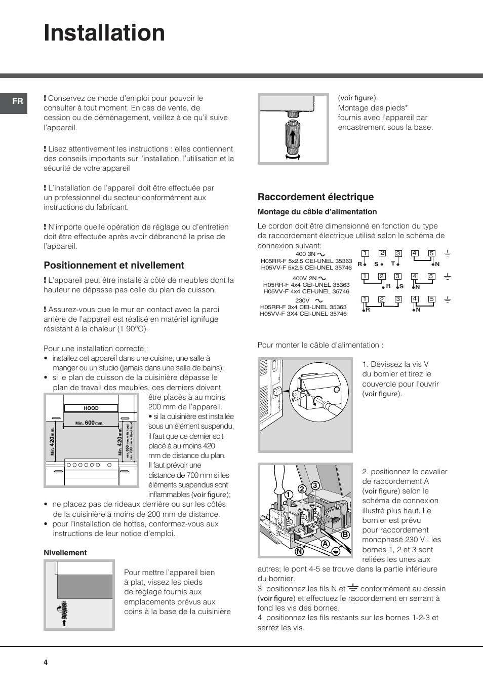 Installation, Positionnement et nivellement, Raccordement électrique | Indesit KN3C76A User Manual | Page 4 / 60